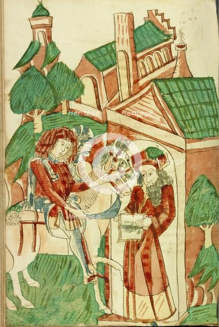 Two Horsemen of King Avenir before the Pagan Scholar Nachor; Barlaam und Josaphat, 1469. Creators: Hans Schilling, Diebolt Lauber.