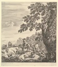 Two horsemen pass a flock, riding towards the left, a peasant woman and a young boy to..., ca. 1656. Creator: Stefano della Bella