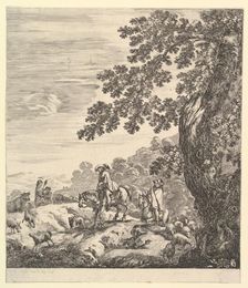 Two horsemen pass a flock, riding towards the left, a peasant woman and a young boy to..., ca. 1656. Creator: Stefano della Bella