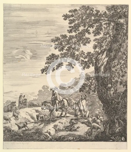 Two horsemen pass a flock, riding towards the left, a peasant woman and a young boy to..., ca. 1656. Creator: Stefano della Bella.