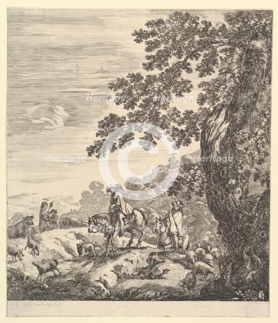 Two horsemen pass a flock, riding towards the left, a peasant woman and a young boy to..., ca. 1656. Creator: Stefano della Bella.