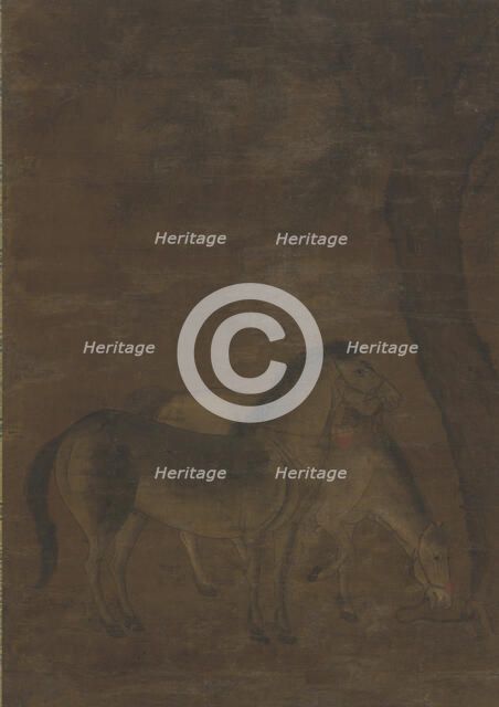 Two horses under a tree, Ming dynasty, 1368-1644. Creator: Unknown.