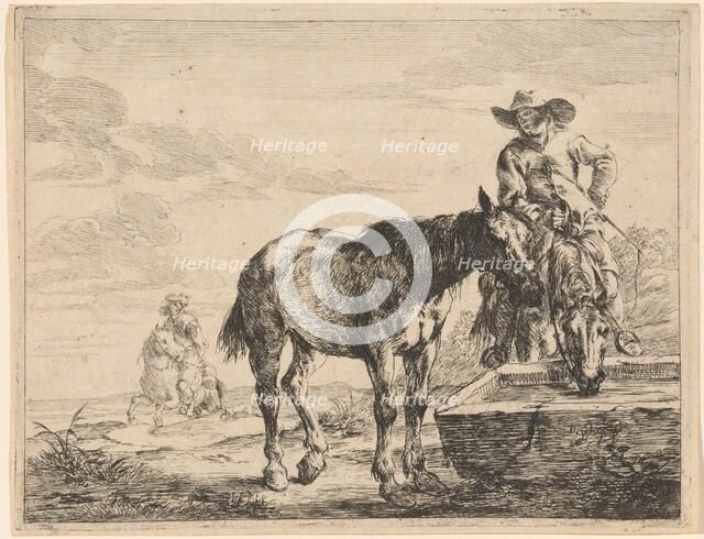 Two Horses Drinking at a Trough, 1651. Creator: Dirck Stoop.