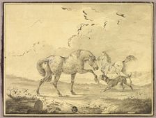 Two Horses Fighting Dog, n.d. Creator: Johann Georg Pforr
