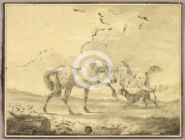 Two Horses Fighting Dog, n.d. Creator: Johann Georg Pforr.