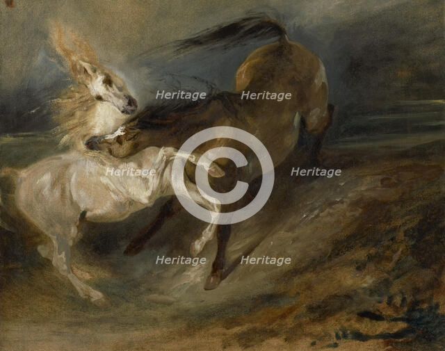 Two Horses Fighting In A Stormy Landscape, c1828. Creator: Eugene Delacroix.