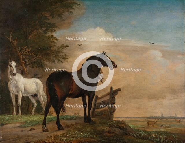 Two Horses in a Meadow near a Gate, 1649. Creator: Paulus Potter.