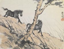 Two horses on hillside, early 1900s. Creator: Xu Beihong