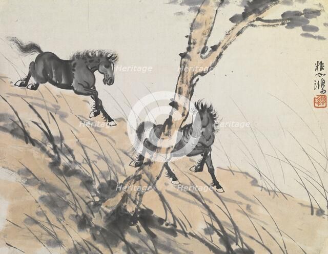 Two horses on hillside, early 1900s. Creator: Xu Beihong.