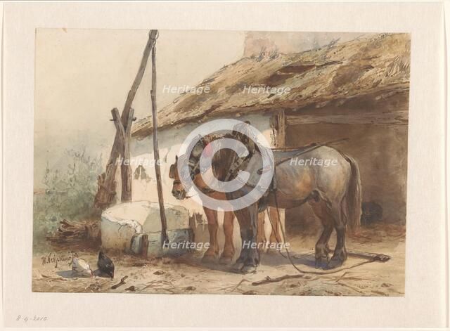 Two horses standing in front of a stable, 1851-1921. Creator: Wouter Verschuur.