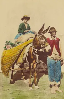 Two Italian peasants, one riding a donkey, about 1870. Creator: Giorgio Conrad