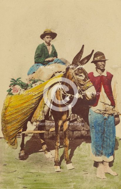 Two Italian peasants, one riding a donkey, about 1870. Creator: Giorgio Conrad.