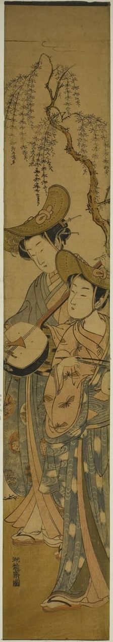 Two Itinerant Musicians under a Willow Tree, c. 1771. Creator: Isoda Koryusai