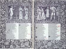 Two illustrations and text from the Canterbury Tales, 1896. Creator: William Harcourt Hooper