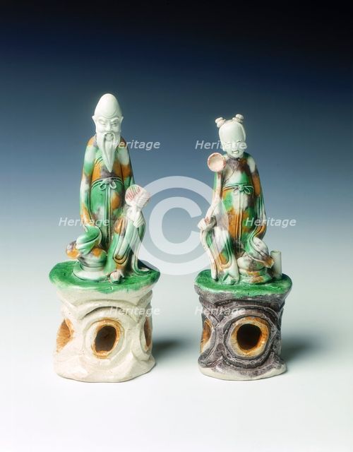 Two incence stick holders in the form of immortals, late Ming dynasty, China, 1600-1644. Creator: Unknown.