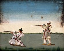 Two Indian soldiers (?) take aim and fire their rifles, (between 1800 and 1899?). Creator: Unknown