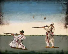 Two Indian soldiers (?) take aim and fire their rifles, (between 1800 and 1899?). Creator: Unknown