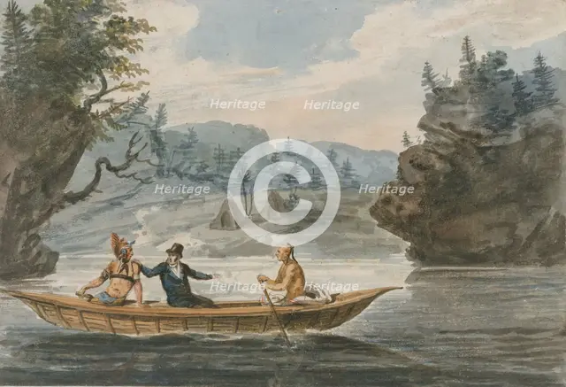 Two Indians and a White Man in a Canoe, 1811-ca. 1813. Creator: Pavel Petrovic Svin'in.