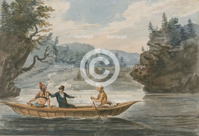 Two Indians and a White Man in a Canoe, 1811-ca. 1813. Creator: Pavel Petrovic Svin'in.
