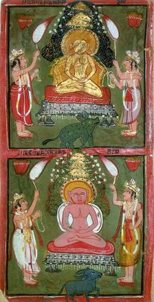 Two Jain Tirthankaras or jina (ford-makers) and their devotees, Bundi region, India, c1720