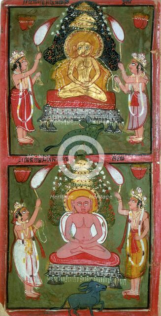 Two Jain Tirthankaras or jina (ford-makers) and their devotees, Bundi region, India, c1720. Artist: Unknown