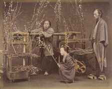 [Two Japanese Men and One Japanese Woman Posing with Flowering Branches], 1870s., Creator: Unknown