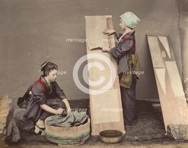 [Two Japanese Women Posing with Laundry], 1870s. Creator: Unknown.