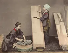 [Two Japanese Women Posing with Laundry], 1870s. Creator: Unknown