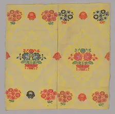 Two Joined Panels of Brocaded Yellow Furnishing Wool, England, c. 1720s. Creator: Unknown