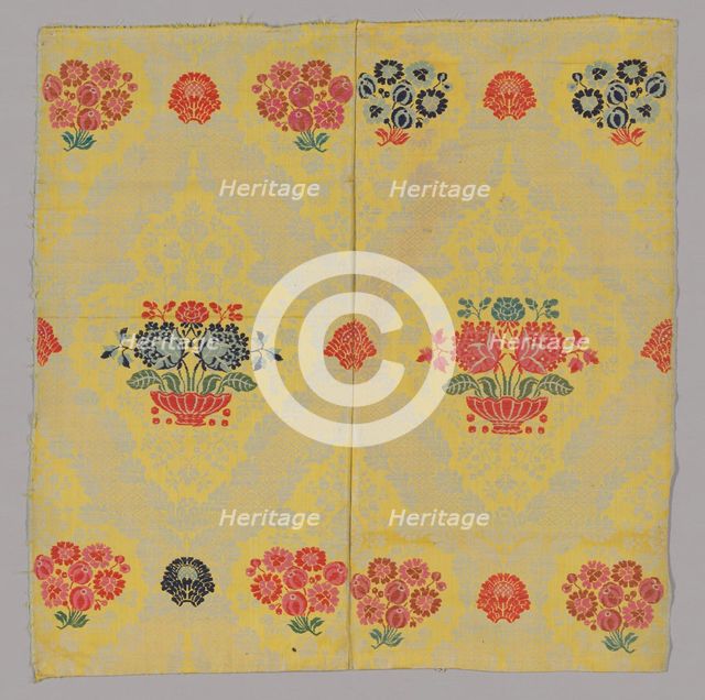 Two Joined Panels of Brocaded Yellow Furnishing Wool, England, c. 1720s. Creator: Unknown.