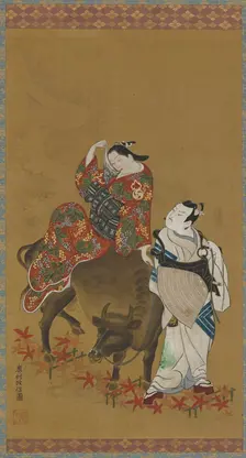 Two kabuki actors in the roles of a courtesan on a water buffalo and a traveling priest, 1686-1764. Creator: Okumura Masanobu