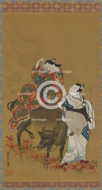 Two kabuki actors in the roles of a courtesan on a water buffalo and a traveling priest, 1686-1764. Creator: Okumura Masanobu.