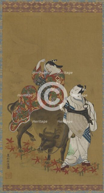 Two kabuki actors in the roles of a courtesan on a water buffalo and a traveling priest, 1686-1764. Creator: Okumura Masanobu.