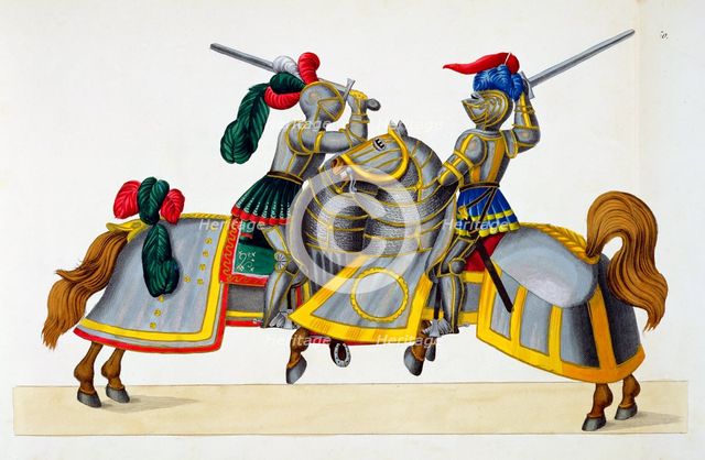 Two knights at a tournament, 1842. Creator: Friedrich Martin von Reibisch.