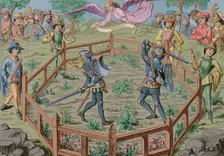 Two knights fight a duel, Middle Ages, 15th century, (1877). Creator: Unknown