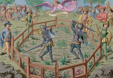 Two knights fight a duel, Middle Ages, 15th century, (1877). Creator: Unknown