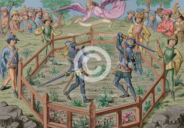 Two knights fight a duel, Middle Ages, 15th century, (1877).  Creator: Unknown.