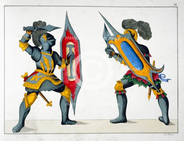 Two knights fighting on foot, 1842. Creator: Friedrich Martin von Reibisch.