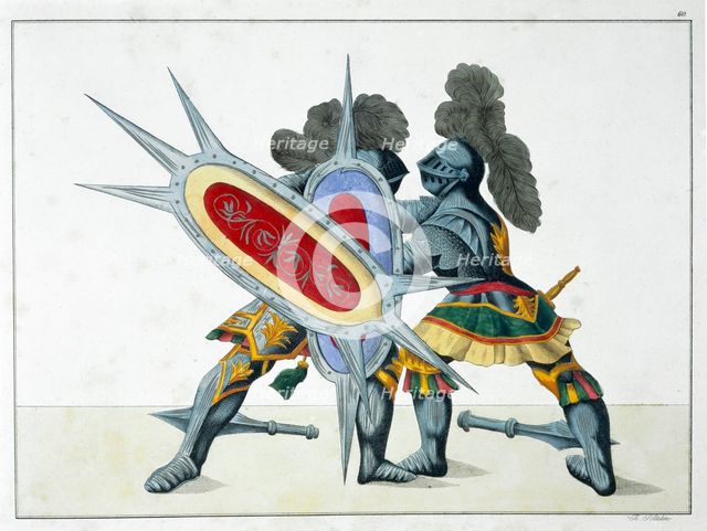 Two knights fighting on foot, 1842. Creator: Friedrich Martin von Reibisch.