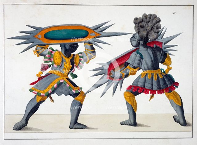 Two knights fighting on foot, 1842. Creator: Friedrich Martin von Reibisch.