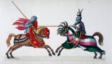 Two knights jousting at a tournament, 1842. Creator: Friedrich Martin von Reibisch