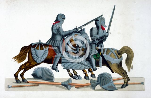 Two knights jousting at a tournament, 1842. Creator: Friedrich Martin von Reibisch.