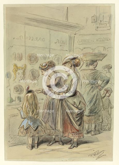 Two Ladies and Little Girl Before Hairdresser's Shop, n.d. Creator: Hablot Knight Browne.