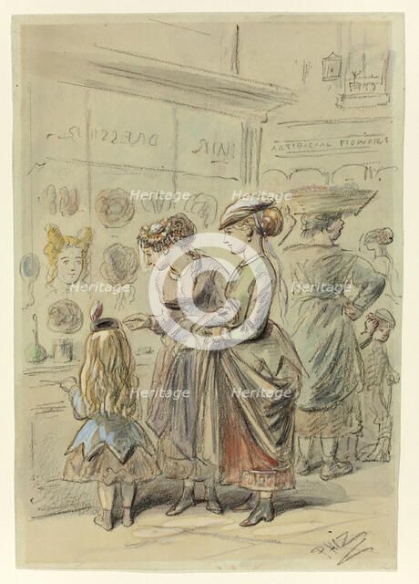 Two Ladies and Little Girl Before Hairdresser's Shop, n.d. Creator: Hablot Knight Browne.
