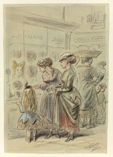 Two Ladies and Little Girl Before Hairdresser's Shop, n.d. Creator: Hablot Knight Browne