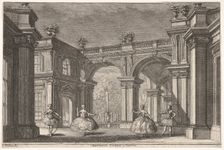Two ladies and two gentlemen dancing within an ornate architectural setting, a fountain at..., 1765. Creator: Francesco Galli Bibiena
