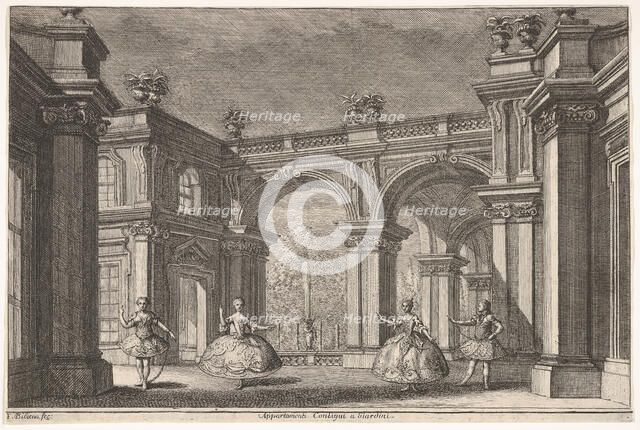 Two ladies and two gentlemen dancing within an ornate architectural setting, a fountain at..., 1765. Creator: Francesco Galli Bibiena.