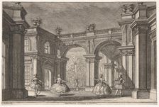 Two ladies and two gentlemen dancing within an ornate architectural setting, a fountain at..., 1765. Creator: Francesco Galli Bibiena