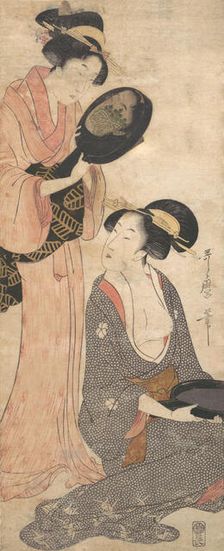 Two Ladies, Each with a Portion of a Lacquered Mirror, 1790s. Creator: Kitagawa Utamaro