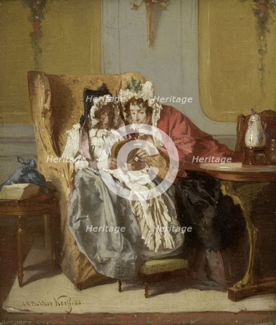 Two Ladies Examining a Little Painting, 1866. Creator: Alexander Hugo Bakker Korff.